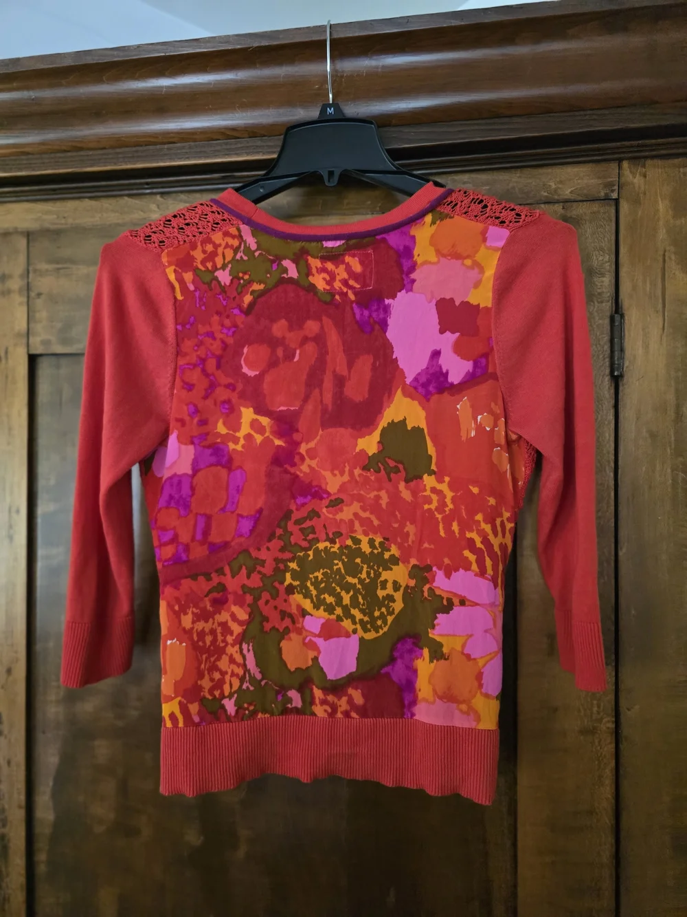 O Tabitha By Anthopology Red Open-Front Knit Cardigan with Floral Print Lining